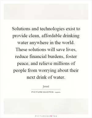 Solutions and technologies exist to provide clean, affordable drinking water anywhere in the world. These solutions will save lives, reduce financial burdens, foster peace, and relieve millions of people from worrying about their next drink of water Picture Quote #1