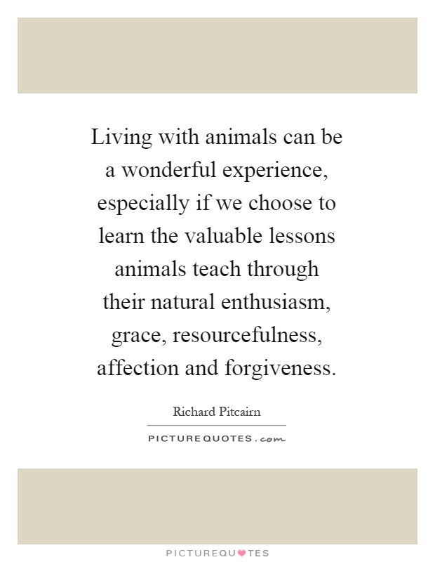 Living with animals can be a wonderful experience, especially if we choose to learn the valuable lessons animals teach through their natural enthusiasm, grace, resourcefulness, affection and forgiveness Picture Quote #1