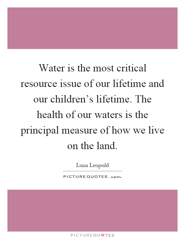 Water is the most critical resource issue of our lifetime and our children's lifetime. The health of our waters is the principal measure of how we live on the land Picture Quote #1