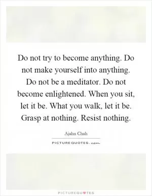 Do not try to become anything. Do not make yourself into anything. Do not be a meditator. Do not become enlightened. When you sit, let it be. What you walk, let it be. Grasp at nothing. Resist nothing Picture Quote #1