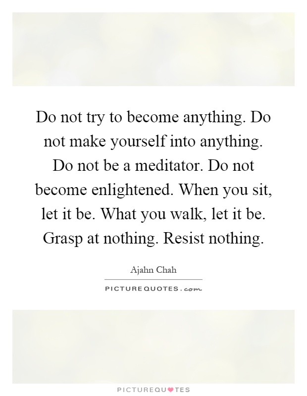 Do not try to become anything. Do not make yourself into anything. Do not be a meditator. Do not become enlightened. When you sit, let it be. What you walk, let it be. Grasp at nothing. Resist nothing Picture Quote #1
