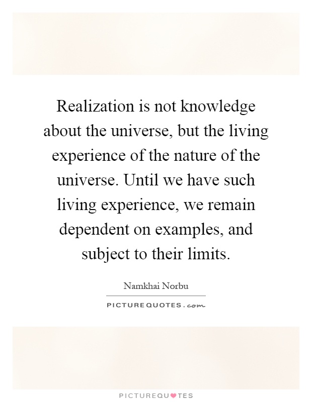 Realization is not knowledge about the universe, but the living experience of the nature of the universe. Until we have such living experience, we remain dependent on examples, and subject to their limits Picture Quote #1