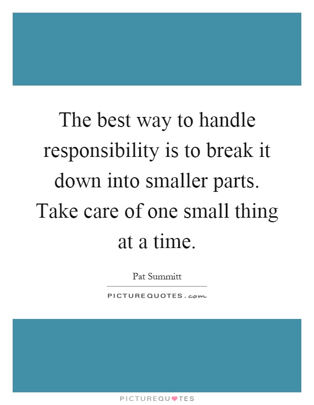 The best way to handle responsibility is to break it down into smaller parts. Take care of one small thing at a time Picture Quote #1