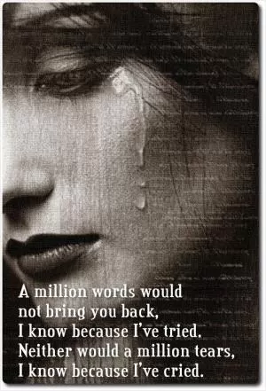 A million words would not bring you back, I know because I've tried. Neither would a million tears, I know because I've cried Picture Quote #1
