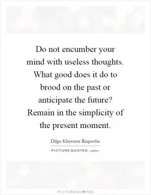 Do not encumber your mind with useless thoughts. What good does it do to brood on the past or anticipate the future? Remain in the simplicity of the present moment Picture Quote #1