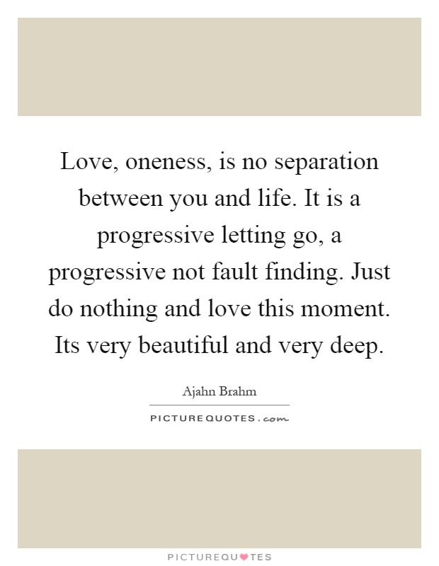 Love, oneness, is no separation between you and life. It is a progressive letting go, a progressive not fault finding. Just do nothing and love this moment. Its very beautiful and very deep Picture Quote #1