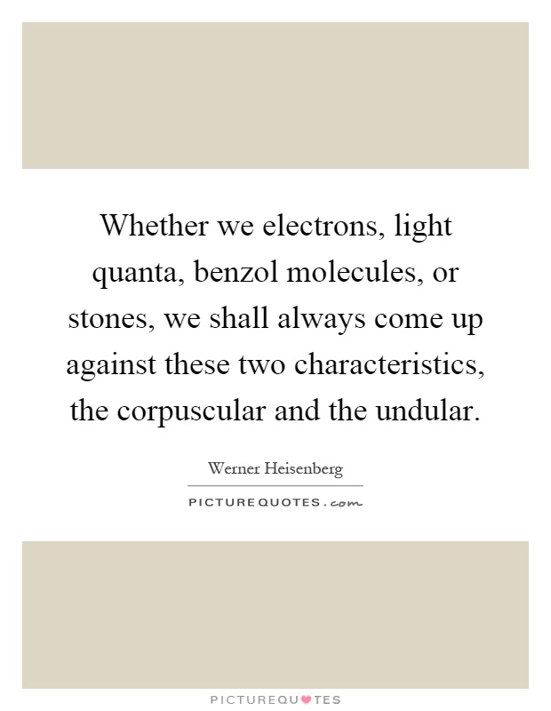 Whether we electrons, light quanta, benzol molecules, or stones, we shall always come up against these two characteristics, the corpuscular and the undular Picture Quote #1