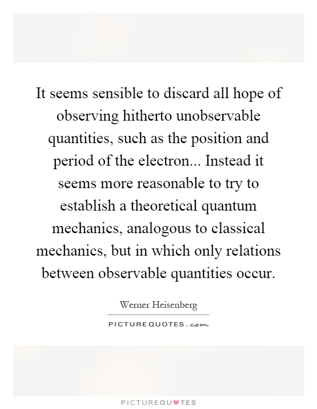 It seems sensible to discard all hope of observing hitherto unobservable quantities, such as the position and period of the electron... Instead it seems more reasonable to try to establish a theoretical quantum mechanics, analogous to classical mechanics, but in which only relations between observable quantities occur Picture Quote #1