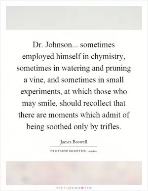 Dr. Johnson... sometimes employed himself in chymistry, sometimes in watering and pruning a vine, and sometimes in small experiments, at which those who may smile, should recollect that there are moments which admit of being soothed only by trifles Picture Quote #1