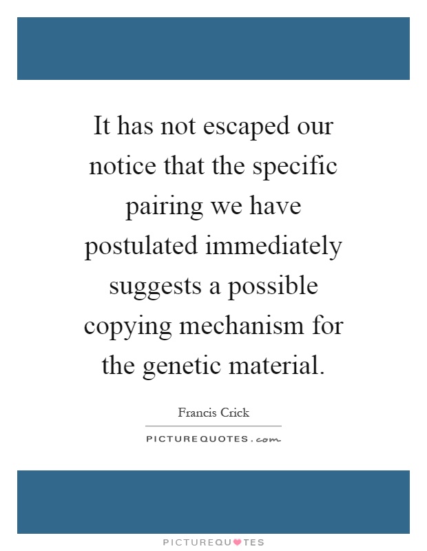 It has not escaped our notice that the specific pairing we have postulated immediately suggests a possible copying mechanism for the genetic material Picture Quote #1