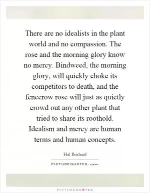 There are no idealists in the plant world and no compassion. The rose and the morning glory know no mercy. Bindweed, the morning glory, will quickly choke its competitors to death, and the fencerow rose will just as quietly crowd out any other plant that tried to share its roothold. Idealism and mercy are human terms and human concepts Picture Quote #1