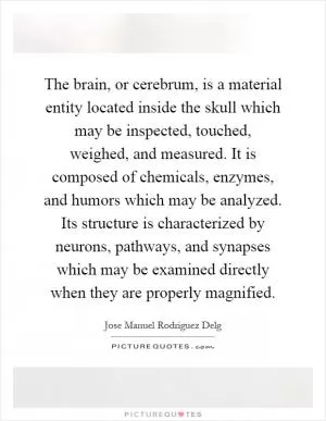 The brain, or cerebrum, is a material entity located inside the skull which may be inspected, touched, weighed, and measured. It is composed of chemicals, enzymes, and humors which may be analyzed. Its structure is characterized by neurons, pathways, and synapses which may be examined directly when they are properly magnified Picture Quote #1