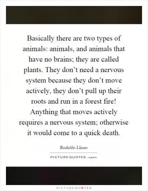 Basically there are two types of animals: animals, and animals that have no brains; they are called plants. They don’t need a nervous system because they don’t move actively, they don’t pull up their roots and run in a forest fire! Anything that moves actively requires a nervous system; otherwise it would come to a quick death Picture Quote #1