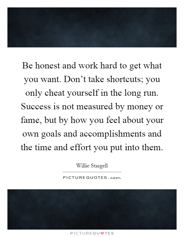 Be honest and work hard to get what you want. Don't take shortcuts; you only cheat yourself in the long run. Success is not measured by money or fame, but by how you feel about your own goals and accomplishments and the time and effort you put into them Picture Quote #1