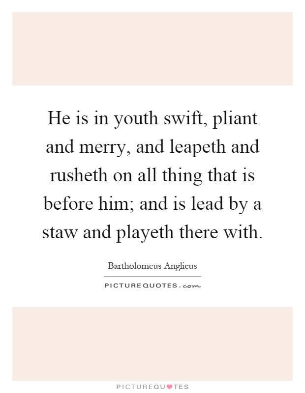He is in youth swift, pliant and merry, and leapeth and rusheth on all thing that is before him; and is lead by a staw and playeth there with Picture Quote #1