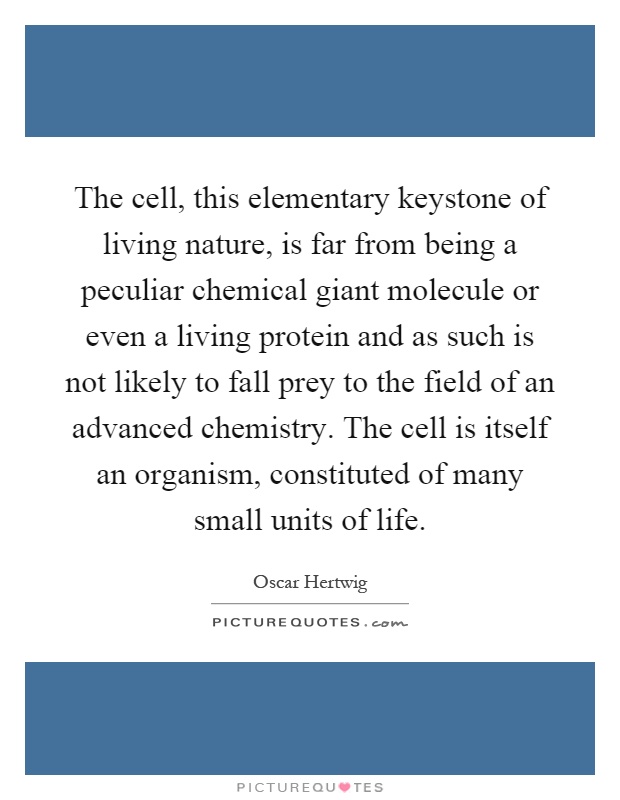 The cell, this elementary keystone of living nature, is far from being a peculiar chemical giant molecule or even a living protein and as such is not likely to fall prey to the field of an advanced chemistry. The cell is itself an organism, constituted of many small units of life Picture Quote #1