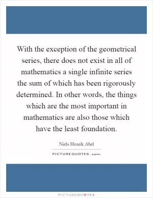 With the exception of the geometrical series, there does not exist in all of mathematics a single infinite series the sum of which has been rigorously determined. In other words, the things which are the most important in mathematics are also those which have the least foundation Picture Quote #1