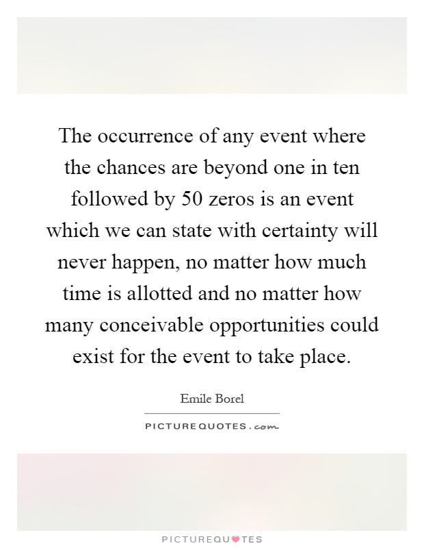 The occurrence of any event where the chances are beyond one in ten followed by 50 zeros is an event which we can state with certainty will never happen, no matter how much time is allotted and no matter how many conceivable opportunities could exist for the event to take place Picture Quote #1