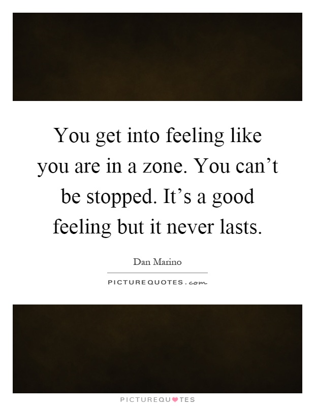 You get into feeling like you are in a zone. You can't be stopped. It's a good feeling but it never lasts Picture Quote #1