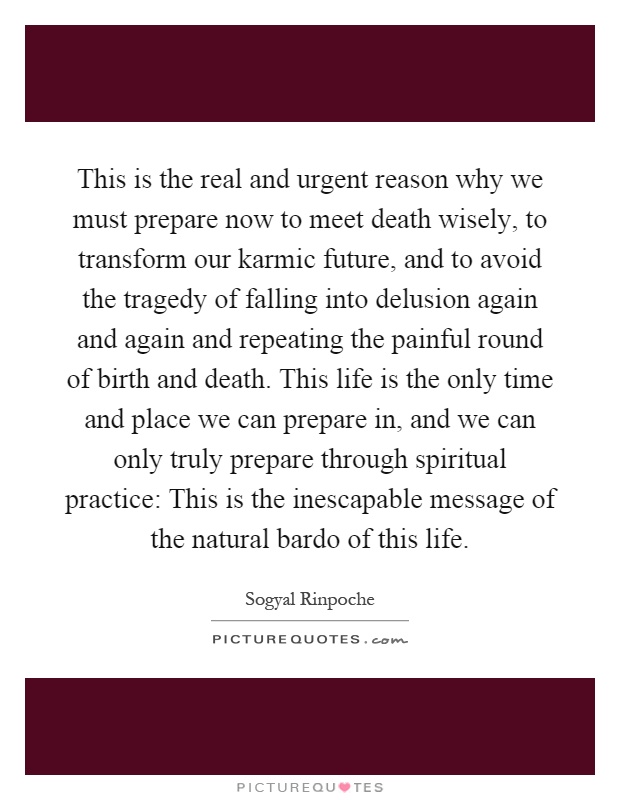 This is the real and urgent reason why we must prepare now to meet death wisely, to transform our karmic future, and to avoid the tragedy of falling into delusion again and again and repeating the painful round of birth and death. This life is the only time and place we can prepare in, and we can only truly prepare through spiritual practice: This is the inescapable message of the natural bardo of this life Picture Quote #1