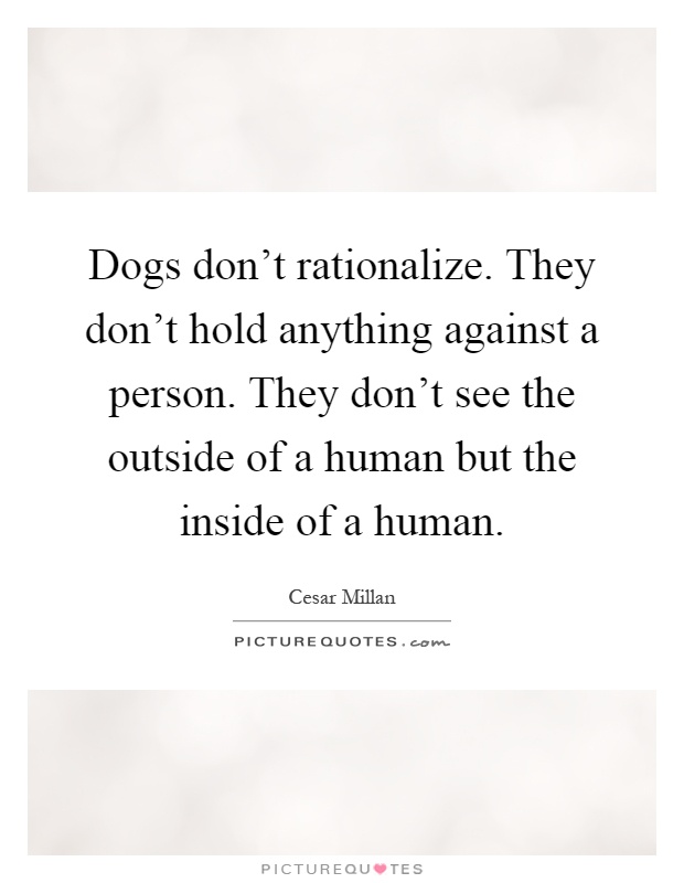 Dogs don't rationalize. They don't hold anything against a person. They don't see the outside of a human but the inside of a human Picture Quote #1