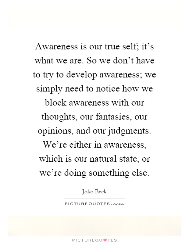 Awareness is our true self; it's what we are. So we don't have to try to develop awareness; we simply need to notice how we block awareness with our thoughts, our fantasies, our opinions, and our judgments. We're either in awareness, which is our natural state, or we're doing something else Picture Quote #1