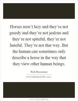 Horses aren’t lazy and they’re not greedy and they’re not jealous and they’re not spiteful, they’re not hateful. They’re not that way. But the human can sometimes only describe a horse in the way that they view other human beings Picture Quote #1