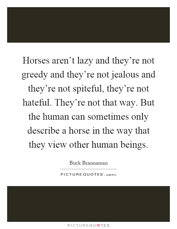 Horses aren't lazy and they're not greedy and they're not jealous and they're not spiteful, they're not hateful. They're not that way. But the human can sometimes only describe a horse in the way that they view other human beings Picture Quote #1