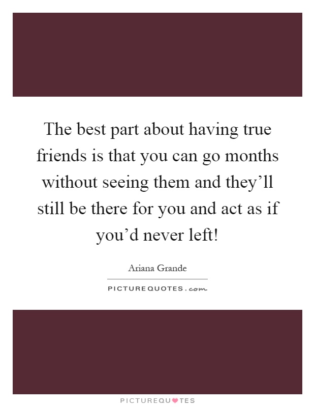 The best part about having true friends is that you can go months without seeing them and they'll still be there for you and act as if you'd never left! Picture Quote #1