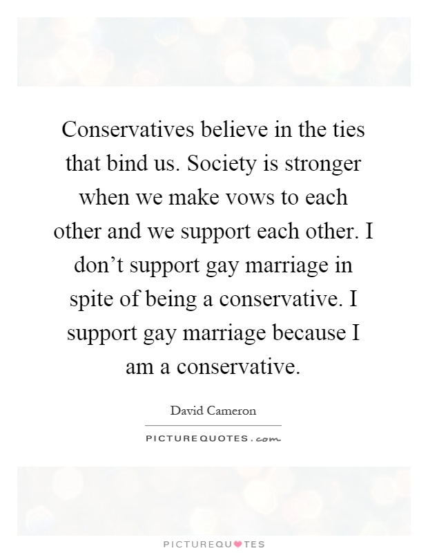 Conservatives believe in the ties that bind us. Society is stronger when we make vows to each other and we support each other. I don't support gay marriage in spite of being a conservative. I support gay marriage because I am a conservative Picture Quote #1