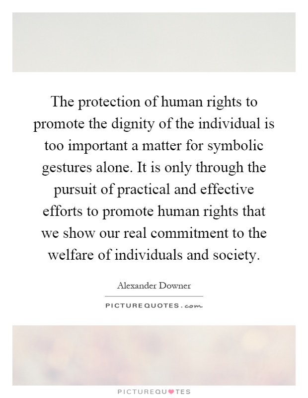 The protection of human rights to promote the dignity of the individual is too important a matter for symbolic gestures alone. It is only through the pursuit of practical and effective efforts to promote human rights that we show our real commitment to the welfare of individuals and society Picture Quote #1