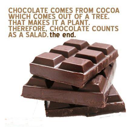 Chocolate comes from cocoa, which comes out of a tree. That makes it a Plant. Therefore, chocolate counts as a salad. The End Picture Quote #1