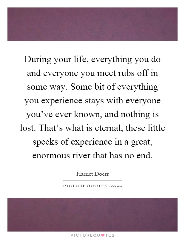 During your life, everything you do and everyone you meet rubs off in some way. Some bit of everything you experience stays with everyone you've ever known, and nothing is lost. That's what is eternal, these little specks of experience in a great, enormous river that has no end Picture Quote #1