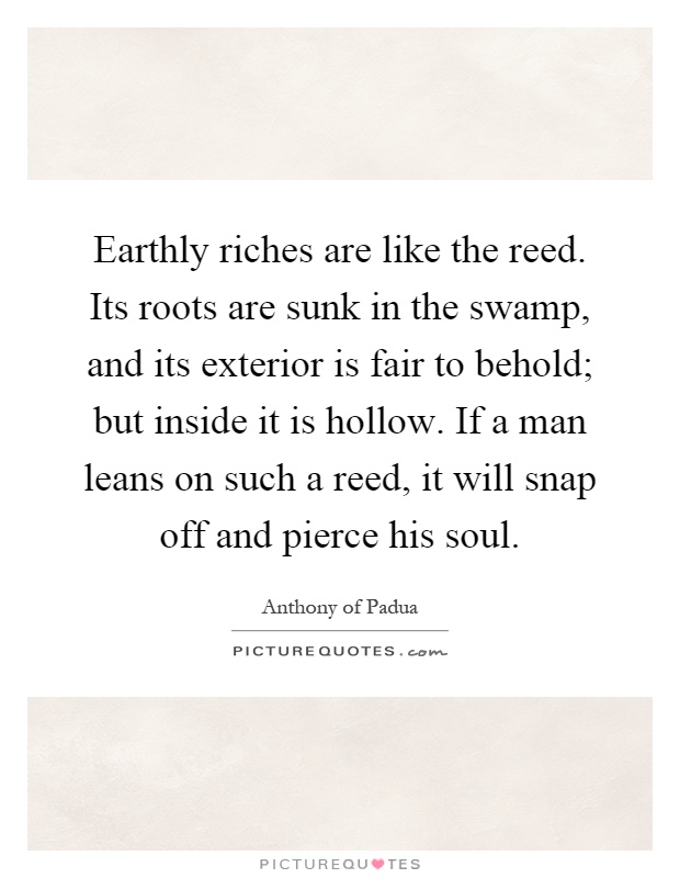 Earthly riches are like the reed. Its roots are sunk in the swamp, and its exterior is fair to behold; but inside it is hollow. If a man leans on such a reed, it will snap off and pierce his soul Picture Quote #1