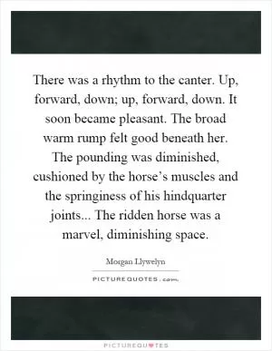 There was a rhythm to the canter. Up, forward, down; up, forward, down. It soon became pleasant. The broad warm rump felt good beneath her. The pounding was diminished, cushioned by the horse’s muscles and the springiness of his hindquarter joints... The ridden horse was a marvel, diminishing space Picture Quote #1