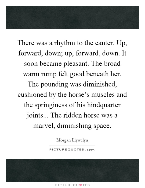 There was a rhythm to the canter. Up, forward, down; up, forward, down. It soon became pleasant. The broad warm rump felt good beneath her. The pounding was diminished, cushioned by the horse's muscles and the springiness of his hindquarter joints... The ridden horse was a marvel, diminishing space Picture Quote #1