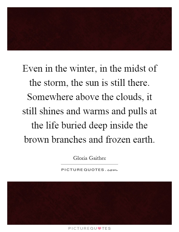 Even in the winter, in the midst of the storm, the sun is still there. Somewhere above the clouds, it still shines and warms and pulls at the life buried deep inside the brown branches and frozen earth Picture Quote #1
