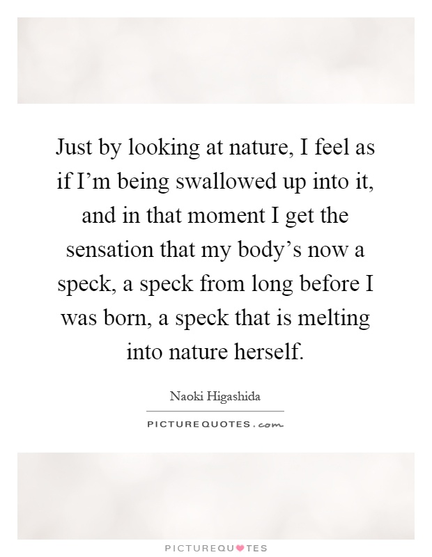 Just by looking at nature, I feel as if I'm being swallowed up into it, and in that moment I get the sensation that my body's now a speck, a speck from long before I was born, a speck that is melting into nature herself Picture Quote #1