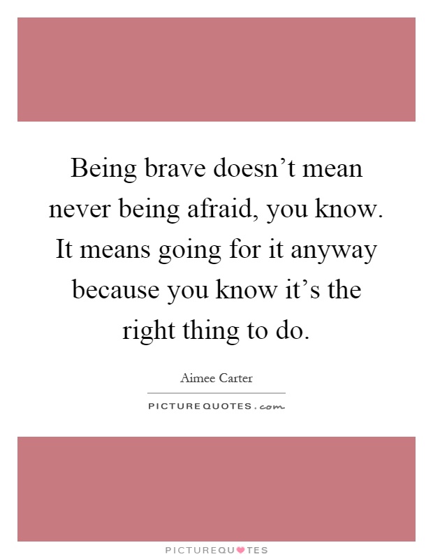 Being brave doesn't mean never being afraid, you know. It means going for it anyway because you know it's the right thing to do Picture Quote #1