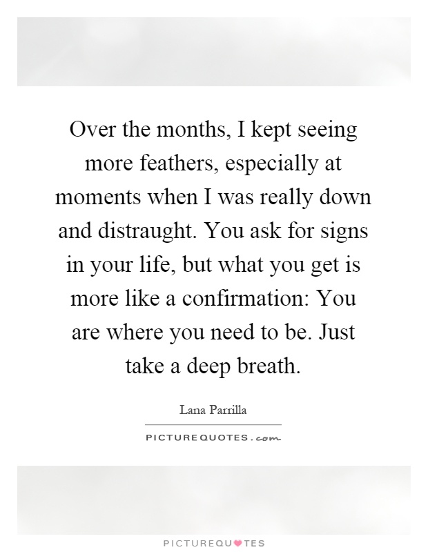 Over the months, I kept seeing more feathers, especially at moments when I was really down and distraught. You ask for signs in your life, but what you get is more like a confirmation: You are where you need to be. Just take a deep breath Picture Quote #1