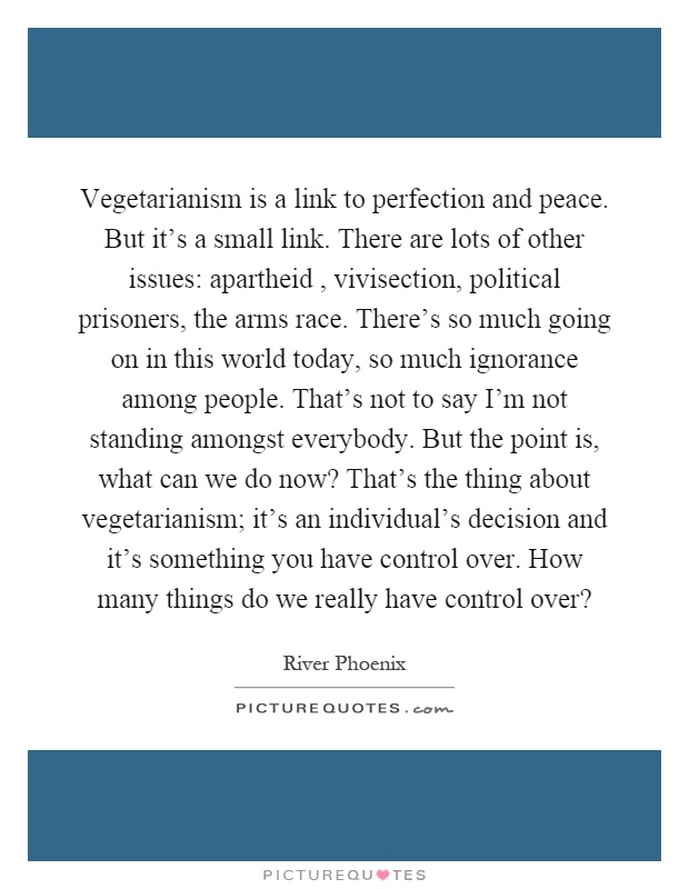 Vegetarianism is a link to perfection and peace. But it's a small link. There are lots of other issues: apartheid, vivisection, political prisoners, the arms race. There's so much going on in this world today, so much ignorance among people. That's not to say I'm not standing amongst everybody. But the point is, what can we do now? That's the thing about vegetarianism; it's an individual's decision and it's something you have control over. How many things do we really have control over? Picture Quote #1