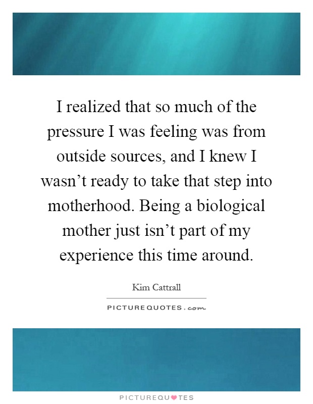 I realized that so much of the pressure I was feeling was from outside sources, and I knew I wasn't ready to take that step into motherhood. Being a biological mother just isn't part of my experience this time around Picture Quote #1