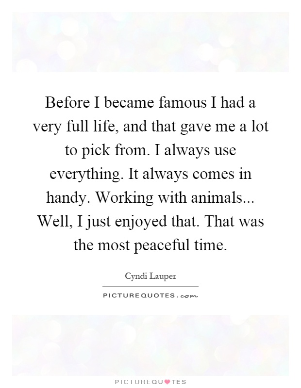 Before I became famous I had a very full life, and that gave me a lot to pick from. I always use everything. It always comes in handy. Working with animals... Well, I just enjoyed that. That was the most peaceful time Picture Quote #1