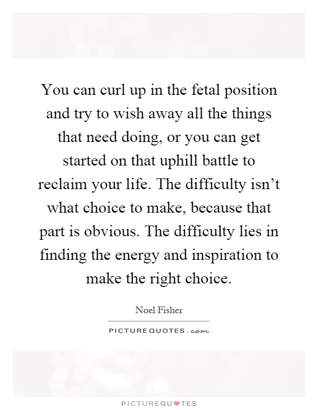 You can curl up in the fetal position and try to wish away all the things that need doing, or you can get started on that uphill battle to reclaim your life. The difficulty isn't what choice to make, because that part is obvious. The difficulty lies in finding the energy and inspiration to make the right choice Picture Quote #1