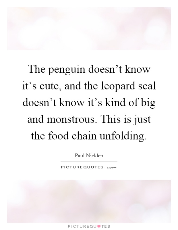 The penguin doesn't know it's cute, and the leopard seal doesn't know it's kind of big and monstrous. This is just the food chain unfolding Picture Quote #1