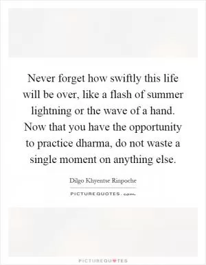 Never forget how swiftly this life will be over, like a flash of summer lightning or the wave of a hand. Now that you have the opportunity to practice dharma, do not waste a single moment on anything else Picture Quote #1