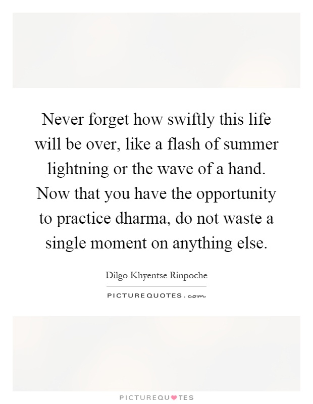 Never forget how swiftly this life will be over, like a flash of summer lightning or the wave of a hand. Now that you have the opportunity to practice dharma, do not waste a single moment on anything else Picture Quote #1