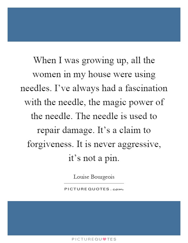 When I was growing up, all the women in my house were using needles. I've always had a fascination with the needle, the magic power of the needle. The needle is used to repair damage. It's a claim to forgiveness. It is never aggressive, it's not a pin Picture Quote #1