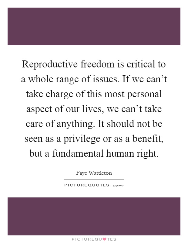Reproductive freedom is critical to a whole range of issues. If we can't take charge of this most personal aspect of our lives, we can't take care of anything. It should not be seen as a privilege or as a benefit, but a fundamental human right Picture Quote #1