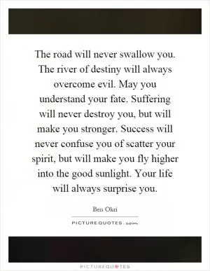 The road will never swallow you. The river of destiny will always overcome evil. May you understand your fate. Suffering will never destroy you, but will make you stronger. Success will never confuse you of scatter your spirit, but will make you fly higher into the good sunlight. Your life will always surprise you Picture Quote #1